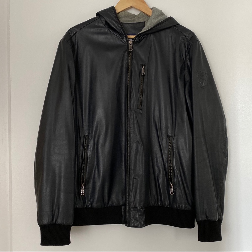 Hooded leather jacket dark navy